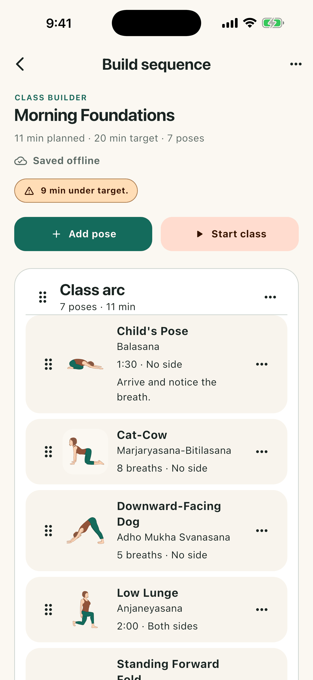 The class builder with a sequence of poses, each with timing and cues