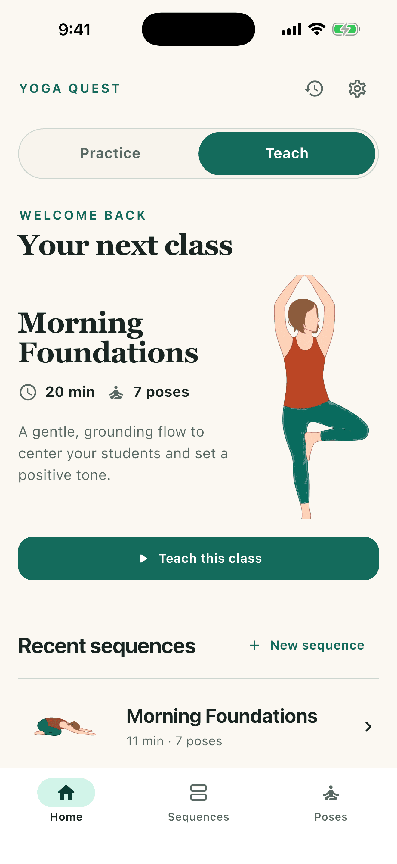Yoga Quest home screen showing the next class