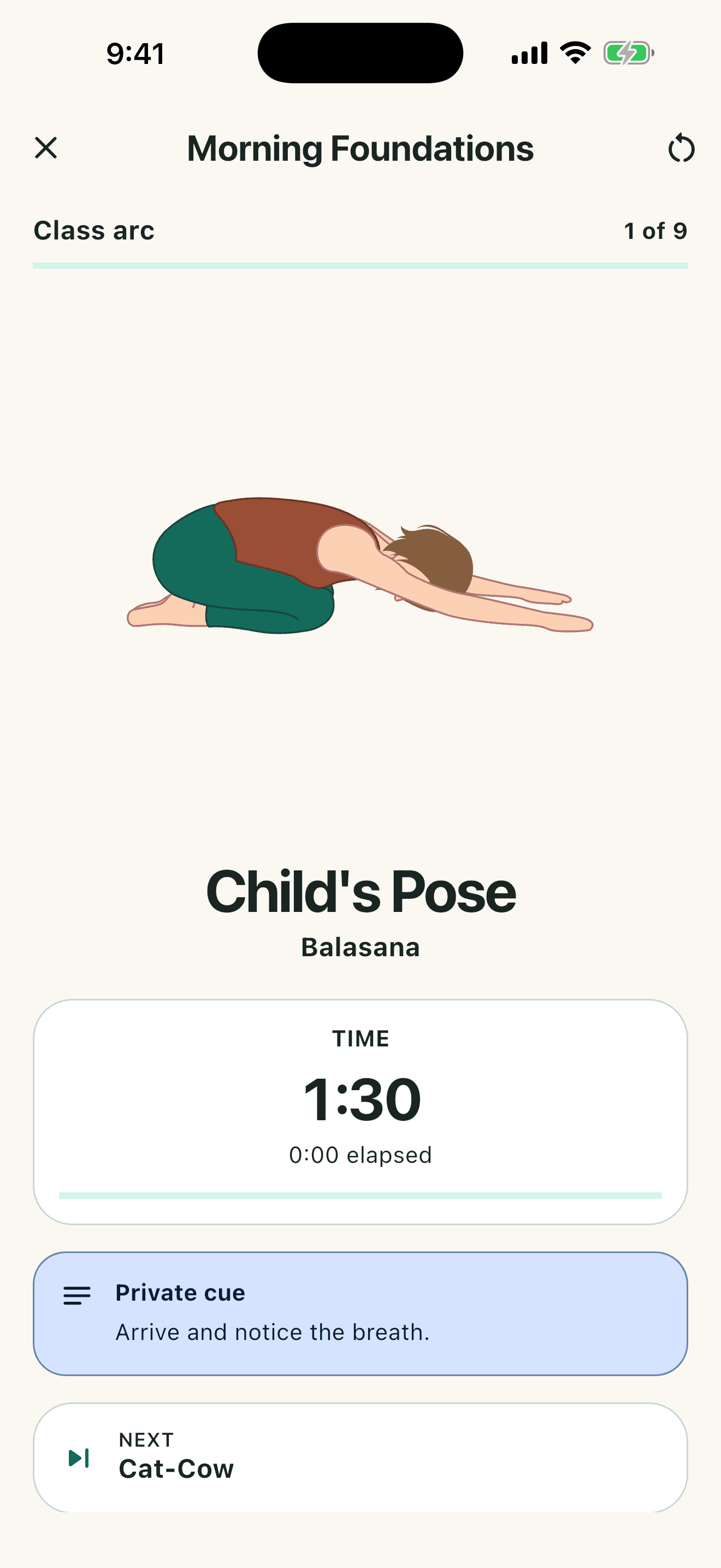 Teach Mode showing the current pose, a countdown timer, and the next pose